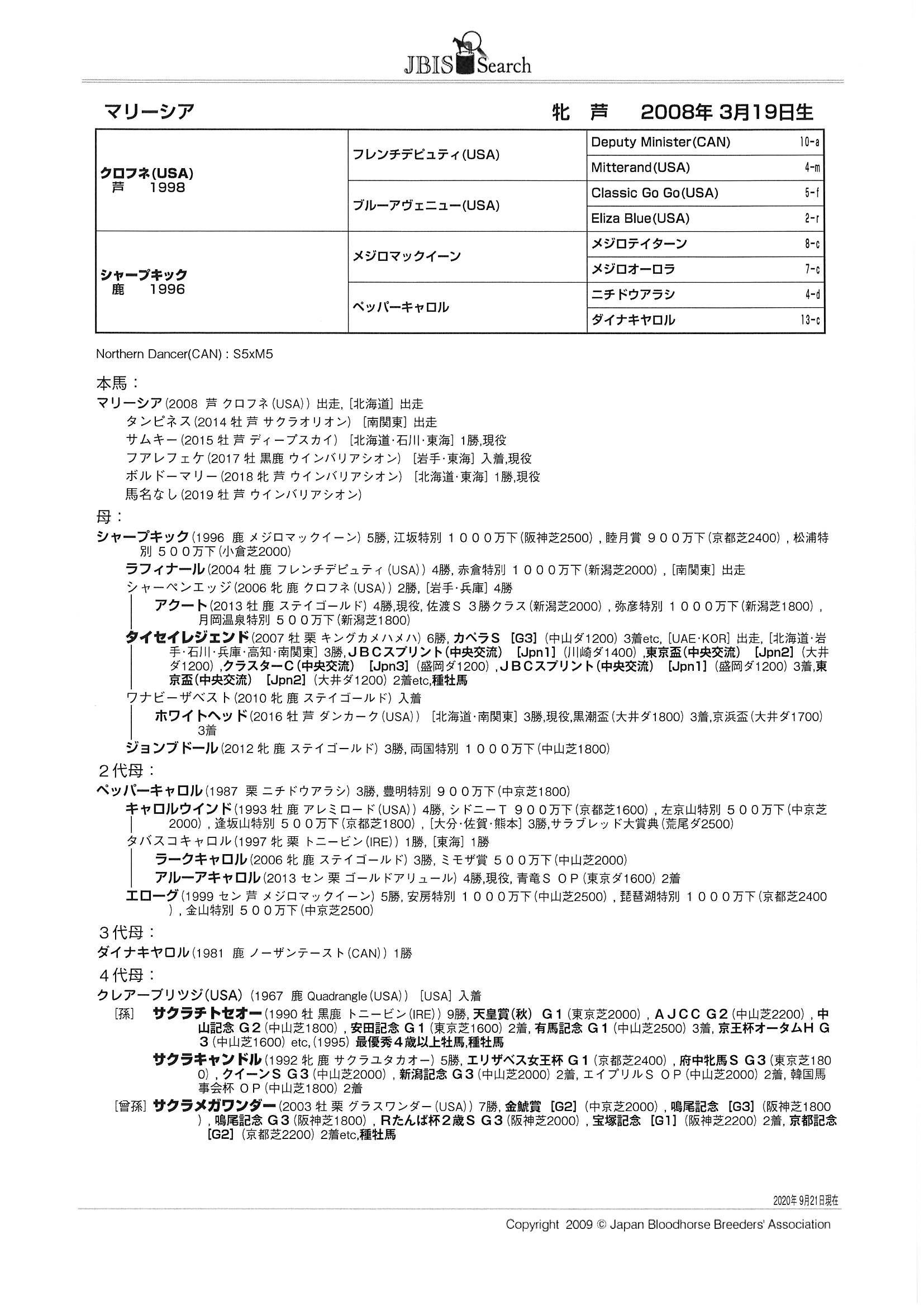 マリーシア Malicia 牝 12歳 ※繁殖牝馬（受胎：アルデバラン2