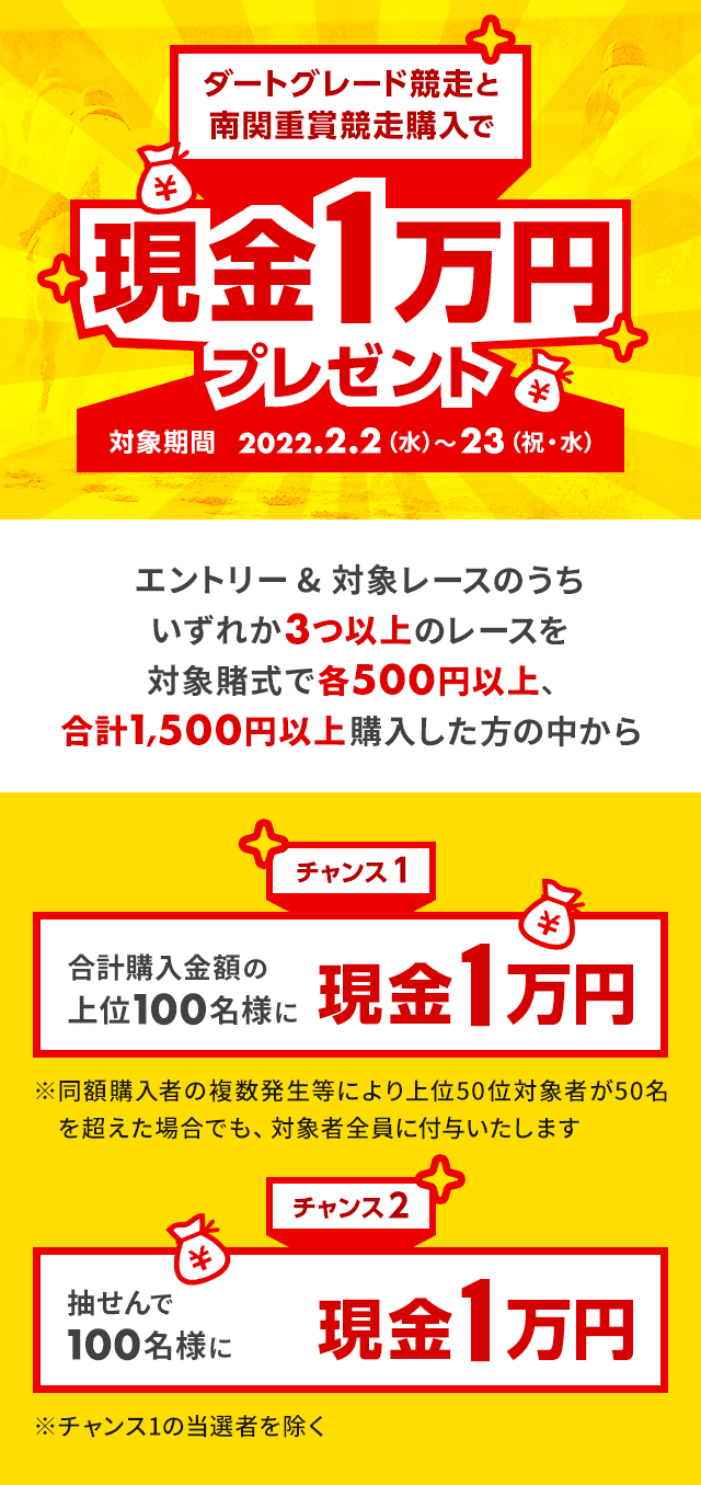 ダートグレード競走と南関重賞競走購入で現金1万円プレゼント