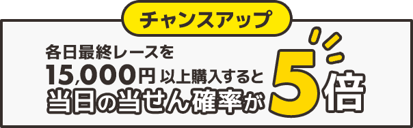 チャンスアップ各日最終レースを15,000円以上すると当日の当せん確率5倍!!