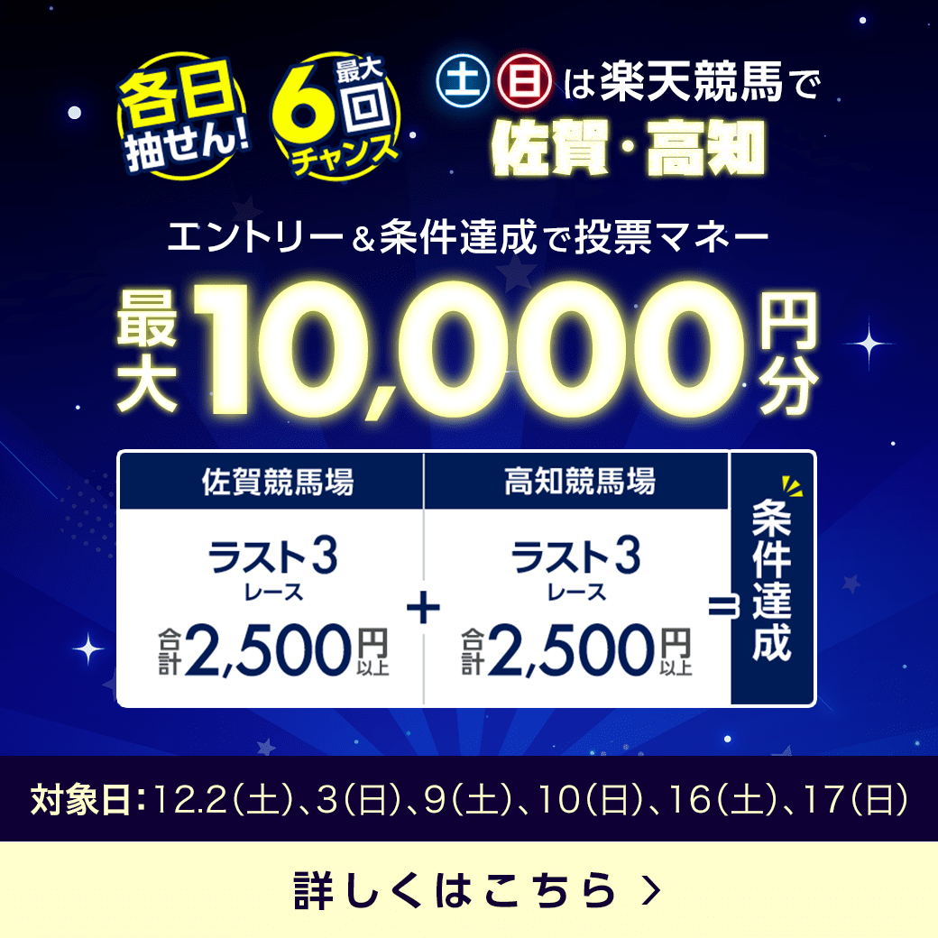 ＜土日の夜は楽天競馬で佐賀・高知＞投票マネー最大1万円分が3,780名に当たる！（12月）