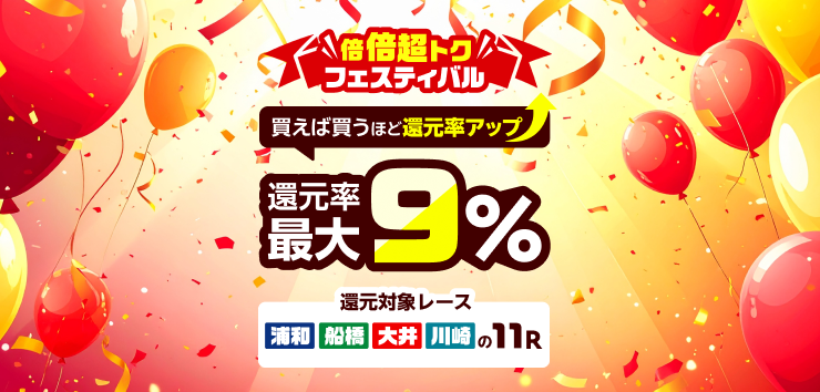 【最大9%！？】楽天競馬還元率倍倍超トクフェスティバル！
競馬場ごとの条件を達成すると、1場ごとに対象レースが+1%還元！
最大9場分の条件を達成すると9%還元！