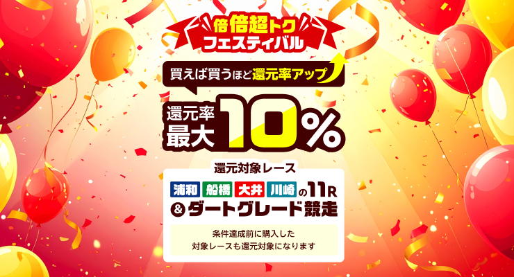【最大10%】楽天競馬還元率倍倍超トクフェスティバル！
競馬場ごとの条件を達成すると、1場ごとに対象レースが+1%還元！さらに今月のダートグレード競争を全て対象条件で購入すると+1%還元！全ての条件を達成すると10%還元！ぜひご参加ください！