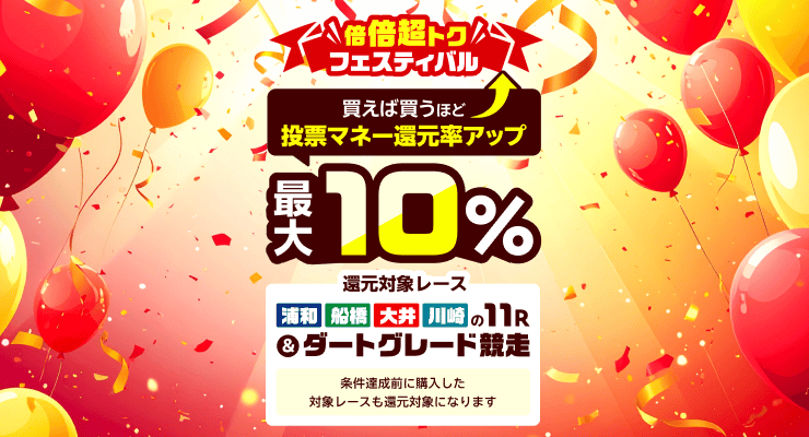 【最大10%】楽天競馬還元率倍倍超トクフェスティバル！
競馬場ごとの条件を達成すると、1場ごとに対象レースが+1%還元！全ての条件を達成すると10%還元！ぜひご参加ください！
