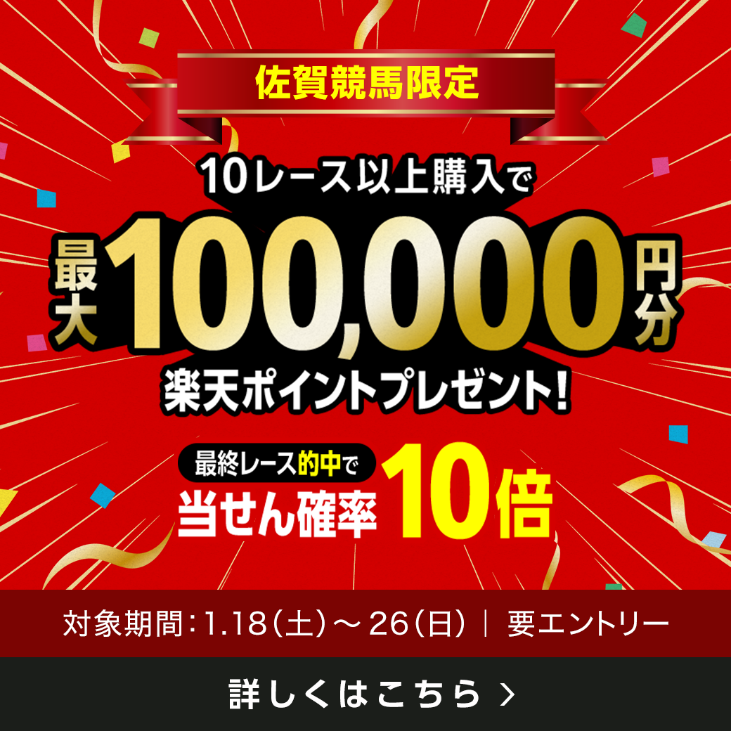 【佐賀競馬】購入レース数で最大100,000円分の楽天ポイント（2025年1月）